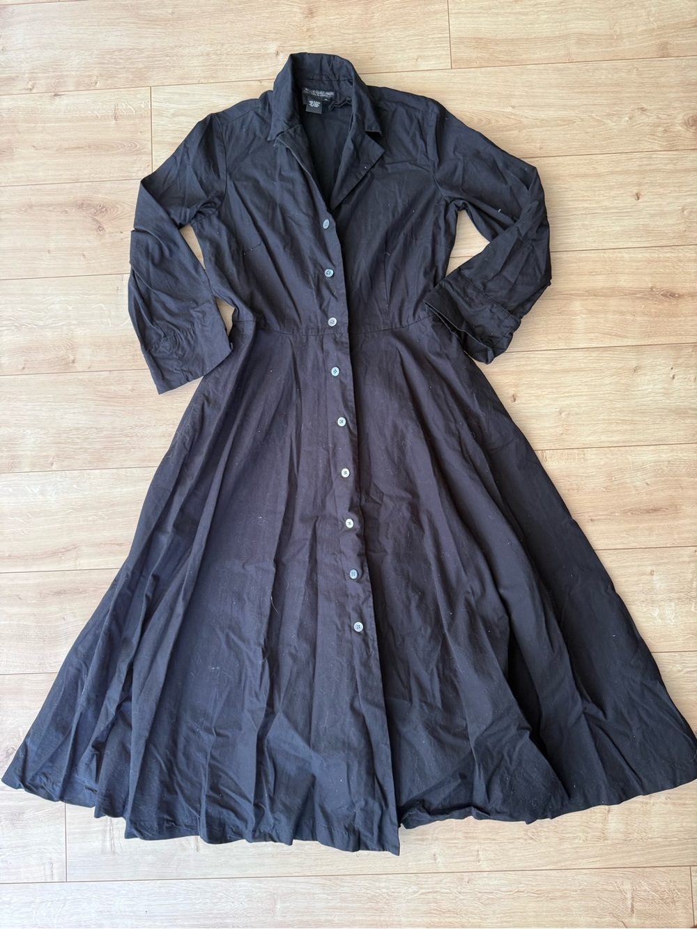 J Peterman Company Black Cotton Button Front Maxi Shirt Dress Size 10 Cottage